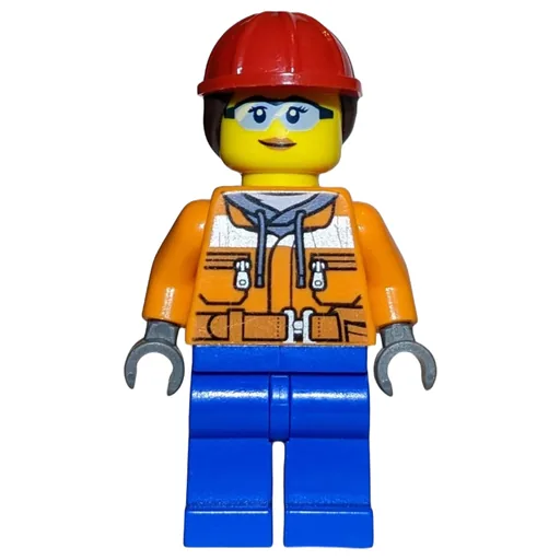 Construction Worker (Woman, Orange Safety Jacket, Blue Legs, Ponytail with Red Hard Hat)