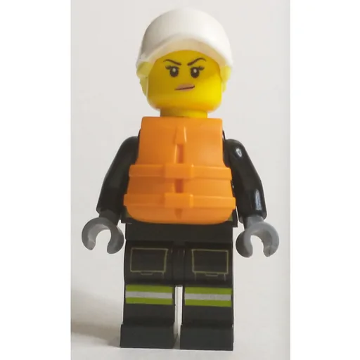 Firewoman (Black Fire Suit, Orange Lifevest, White Cap)