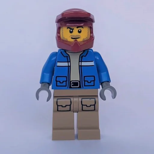 Man (Blue Jacket, Dark Red Dirt Bike Helmet)