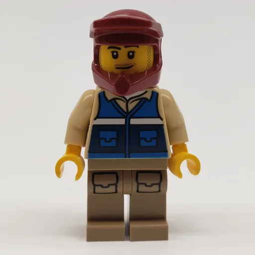 Man (Blue Vest, Dark Red Dirt Bike Helmet, Stubble Beard)