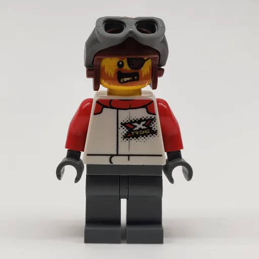 Stunt Rider (White Race Jacket, Dark Bluish Gray Legs, Reddish Brown Helmet)