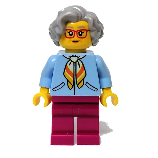 Woman (Bright Light Blue Jacket, Magenta Legs, Light Bluish Gray Hair, Red Glasses)