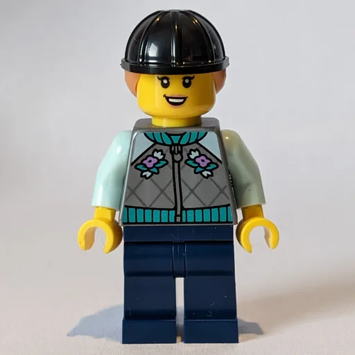 Woman (Light Bluish Gray Riding Jacket, Black Helmet with Ponytail)
