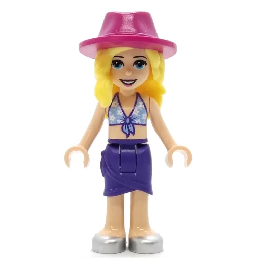 Stephanie (Bright Light Blue Bikini Top with White Flowers, Dark Purple Skirt, Magenta Hat)