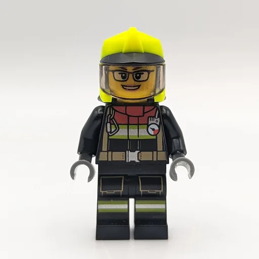 Firefighter (Black Suit, Vibrant Green Helmet with Visor, Glasses)