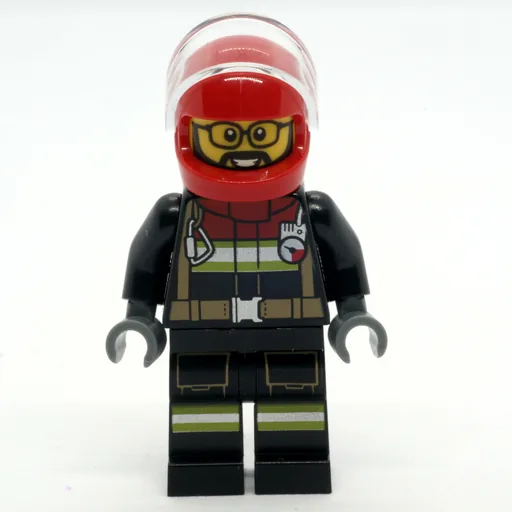Firefighter (Black Fire Suit, Red Helmet with Visor, Glasses)