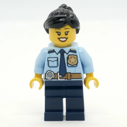 Police Officer (Bright Light Blue Shirt with Police Badge, Dark Blue Legs, Reddish Brown Ponytail)