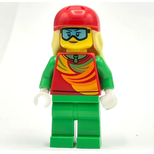 Skier (Red and Bright Green Snowsuit, Red Helmet with Hair)