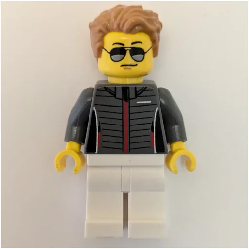 Race Driver (Dark Bluish Grey Torso, White Legs, Medium Nougat Hair)