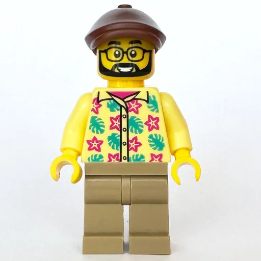 Man (Bright Light Yellow Hawaiian Shirt, Dark Tan Legs, Reddish Brown Flat Cap)