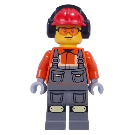 Construction Worker (Reddish Orange Jacket, Overall, Red Hard Hat with Ear Protection)