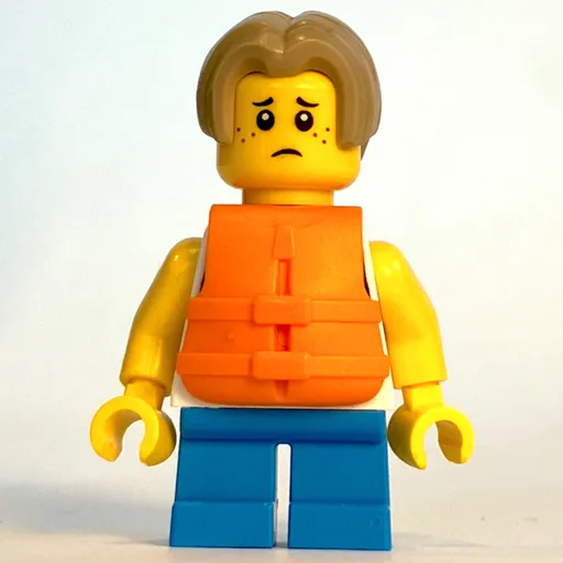 Kid (White Torso, Dark Azure Legs, Dark Tan Hair, Orange Life Vest)