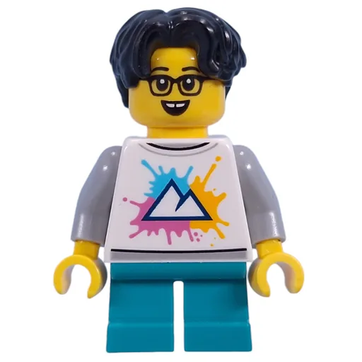 Kid (White Torso with Mountains, Dark Turquoise Legs, Black Hair)