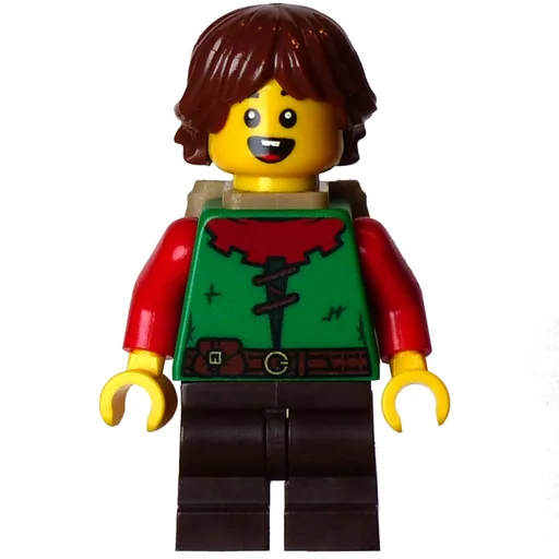 Elf (Green Torso, Dark Brown Legs, Reddish Brown Hair, Backpack)
