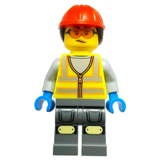 Workshop Mechanic (Vibrant Yellow Safety Vest, Dark Bluish Grey Legs, Red Cap, Orange Safety Glasses)