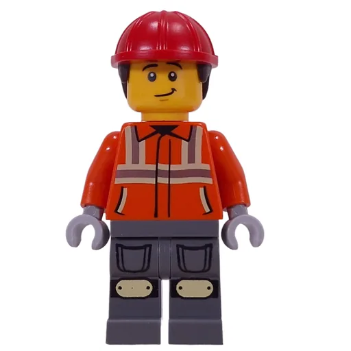 Construction Worker (Reddish Orange Safety Jacket, Dark Bluish Gray Legs, Red Helmet)