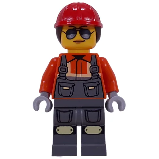 Construction Worker (Reddish Orange Safety Jacket, Overalls, Red Helmet, Reddish Brown Hair)