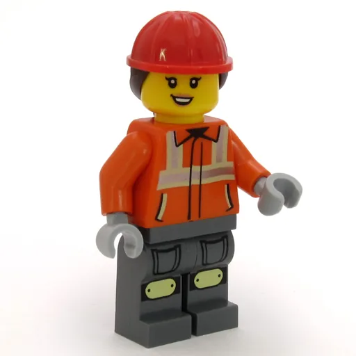 Construction Worker (Reddish Orange Jacket, Overall, Red Hard Hat with Dark Brown Ponytail)