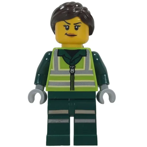 Recycling Worker (Lime Safety Vest, Dark Green Legs, Dark Brown Hair)