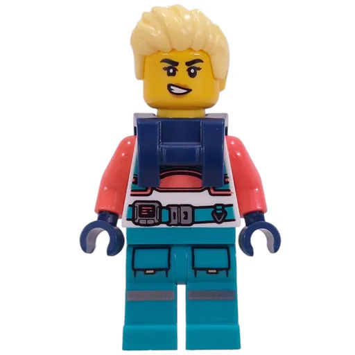 Astronaut (White/Coral Suit, Dark Turquoise Legs, Bright Light Yellow Hair, Harnass)