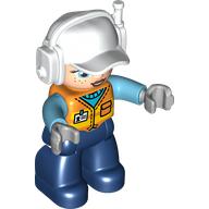 Duplo Figure with Headset and Cap White, Dark Blue Legs, Safety Vest, Light Nougat Face Print (10111pr0005)