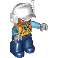 Duplo Figure with Headset and Cap White, Dark Blue Legs, Safety Vest Print (10111pr0006)