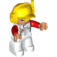 Duplo Figure with Headset and Cap Yellow, with White Race Suit with Red Sleeves and Octan Logo Print, Nougat Face and Hands, and White Legs (10111pr0007)