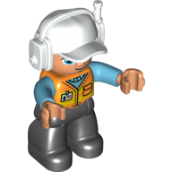 Duplo Figure with Headset and Cap White, with Medium Azure Arms, Orange Safety Vest, and Black Legs (10111pr0117)