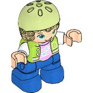 Duplo Figure Child with Hair and Bike Helmet Yellowish Green, Blue Legs, Jacket, Music Note Print (102220pr0001)
