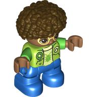 Duplo Figure Child, Afro Dark Brown, Blue Legs, Green Bug on Shirt, Bright Light Yellow Glasses Print (102708pr0001)