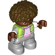 Duplo Figure Child, Afro Dark Brown, Light Bluish Gray Legs, Bright Pink Shirt with Music Note Print (102708pr0070)