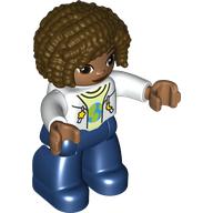 Duplo Figure with Curly Hair Dark Brown, Dark Blue Legs, Jacket over Yellowish Green Shirt Print (102748pr0002)