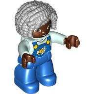 Duplo Figure with Curly Hair Light Bluish Grey, Blue Overall, Flowers, Bee print (102748pr0003)