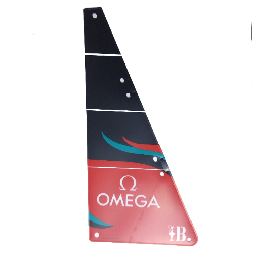 Sail, Triangular, Black with 'OMEGA', 37th America's Cup Barcelona Logo and Red and Dark Turquoise Waves Print (1036965a)