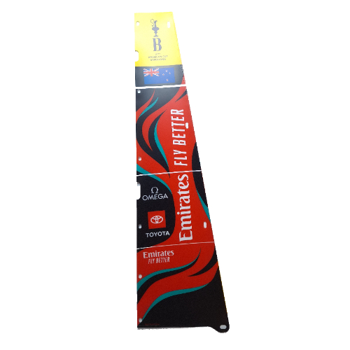 Sail, Triangular, Black with '37th America's Cup Barcelona', 'Emirates FLY BETTER', 'OMEGA', 'TOYOTA', New Zealand Flag and Red and Dark Turquoise Waves Left Print (1037622a)