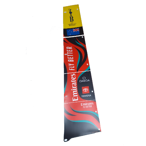 Sail, Triangular, Black with '37th America's Cup Barcelona', 'Emirates FLY BETTER', 'OMEGA', 'TOYOTA', New Zealand Flag and Red and Dark Turquoise Waves Right Print (1037622b)