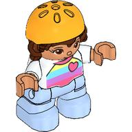 Duplo Figure Child with Hair and Bike Helmet Bright Light Orange, Bright Light Blue Legs, Striped Shirt with Heart Print (104653pr0001)