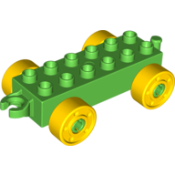 Duplo Car Base 2 x 6 with Fake Bolts, Open Hitch End and Yellow Wheels (11248c01)