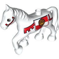 Duplo Animal Horse with one Stud and Raised Hoof with Red Bridle & Lion on Shield Print (1376pr0003)