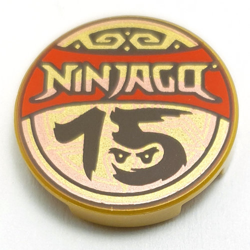 Tile Round 2 x 2 with NINJAGO on Red Banner, Black '15' with Face print (14769pr0175)