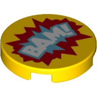 Tile Round 2 x 2 with Bottom Stud Holder with White 'BAM!' over Medium Azure and Red Text Bubbles Print (14769pr1058)