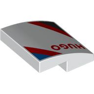 Slope Curved 2 x 2 x 2/3 with Red 'HUGO', Blue/Red/Black Stripes print (15068pr0097)