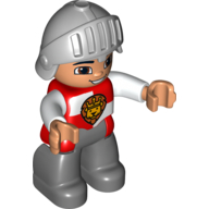 Duplo Figure with Knight Helmet, with Dark Bluish Gray Legs, Red and White Chest with Lion on Shield (16304pr0001)