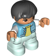 Duplo Figure Child, Hair Combed Forward with Curl Black, Light Aqua Legs, Bright Light Yellow Under Shirt, Jacket Print (18823pr0038)