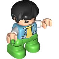 Duplo Figure Child, Hair Combed Forward with Curl Black, Bright Green Legs, Bright Light Yellow Under Shirt, Jacket, Hearing Aids Print (18823pr0099)