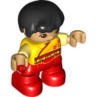 Duplo Figure Child, Hair Combed Forward with Curl Black, Red Legs, Robe with Red Flower, Warm Tan Face and Hands (18823pr0134)