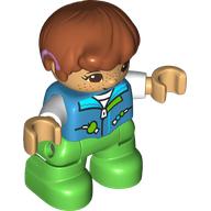 Duplo Figure Child, Hair Combed Forward with Curl Dark Orange, Bright Green Legs, Jacket with Pockets and Zipper Print (18823pr9999)