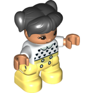 Duplo Figure Child with Ponytails and Bangs Black, with Nougat Face and Hands, Bright Light Yellow Legs, Black Heart, Light Green Collar Print (18825pr0040)