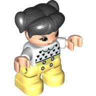 Duplo Figure Child with Ponytails and Bangs Black, with Light Nougat Face and Hands, Bright Light Yellow Legs, Black Heart, Light Green Collar Print (18825pr0052)