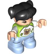 Duplo Figure Child with Ponytails and Bangs Black, with Top with White Sleeves, Bright Light Blue Legs (18825pr0091)
